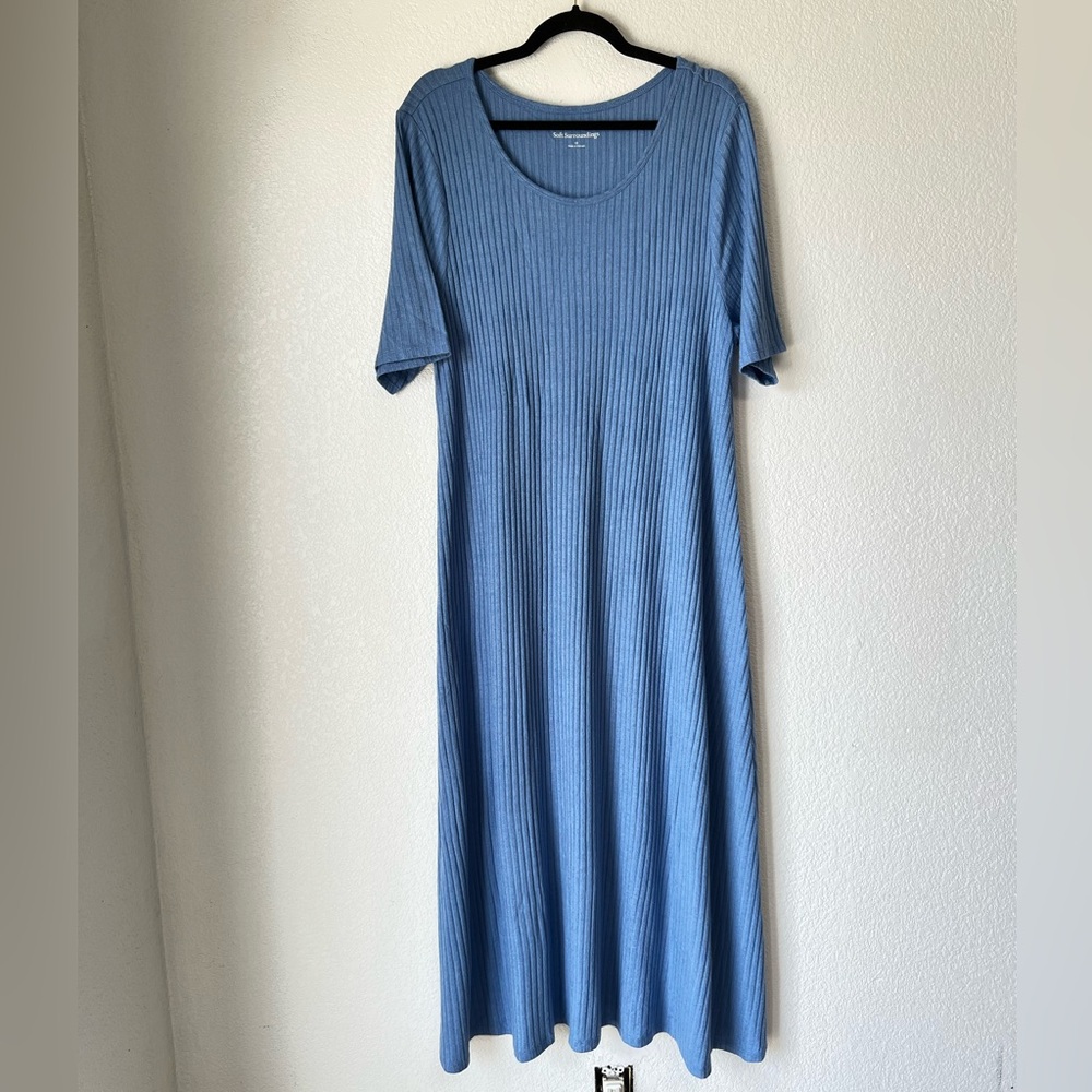 Soft Surroundings Santiago Ribbed Maxi Dress Light Blue Short Sleeve Textured 1X - Picture 2 of 6